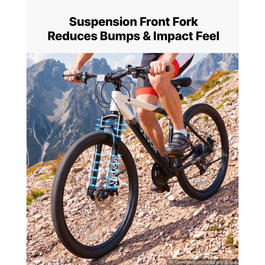 VEVOR Mountain Bike for Men and Women 70 cm Outdoor Bicycle 21 Speeds, Adult Bikes with Front Suspension, Adjustable Saddle, All-Terrain Tires, Aluminum Alloy Frame, Dual Disc Brake, Pre-Assembled