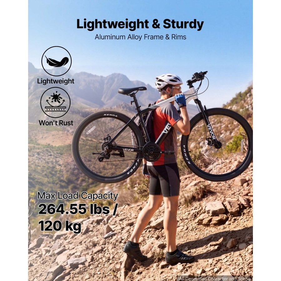 VEVOR Mountain Bike for Men and Women 70 cm Outdoor Bicycle 21 Speeds, Adult Bikes with Front Suspension, Adjustable Saddle, All-Terrain Tires, Aluminum Alloy Frame, Dual Disc Brake, Pre-Assembled