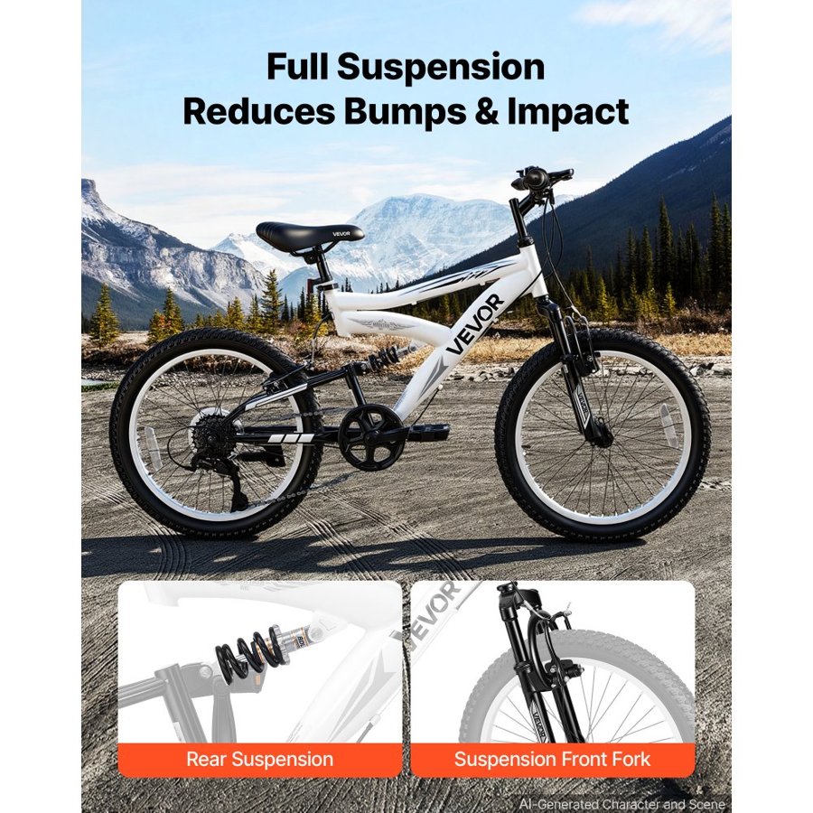 VEVOR Mountain Bike for Men and Women 50.8 cm Outdoor Bicycle 6 Speeds, Adult Bikes, Full Suspension, Adjustable Saddle, All-Terrain Tires, High Carbon Steel Frame, Dual Brakes, Pre-Assembled