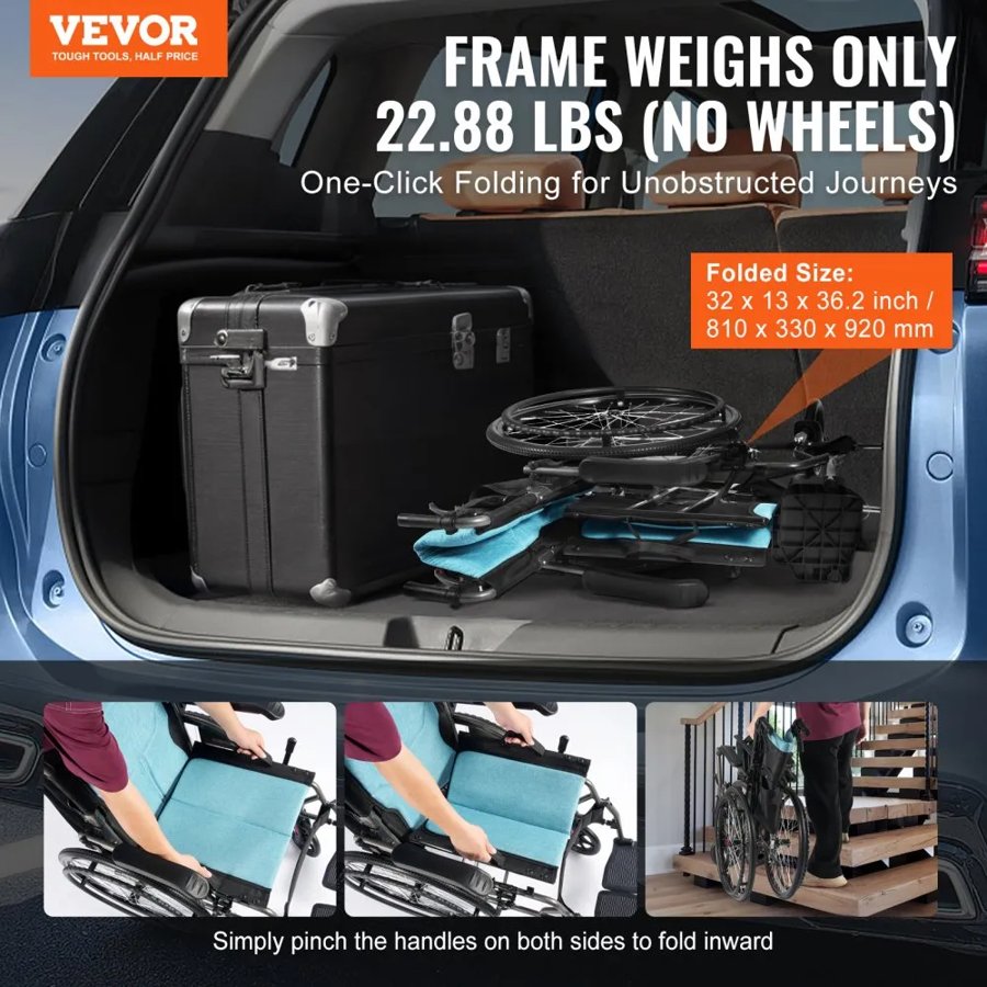 VEVOR Wheelchair, Durable Aluminum Alloy Ultra-Lightweight Wheelchairs, Portable Wheelchair with Flip-Back Desk-Length Arms, 3-Position Adjustable Footrests, 18-Inch Wide Seat, 250lbs Weight Capacity