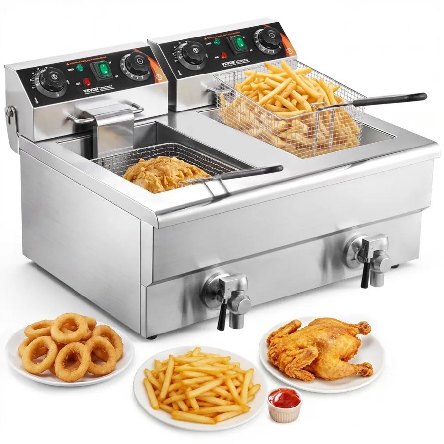 VEVOR Commercial Deep Fryer, Dual Tank 3000W Electric Countertop Fryer with Basket, 2 x 11.6Qt/11L Double Stainless Steel Oil Fryer with Oil Filtration, Time & Temp Control, for Kitchen Restaurant Use
