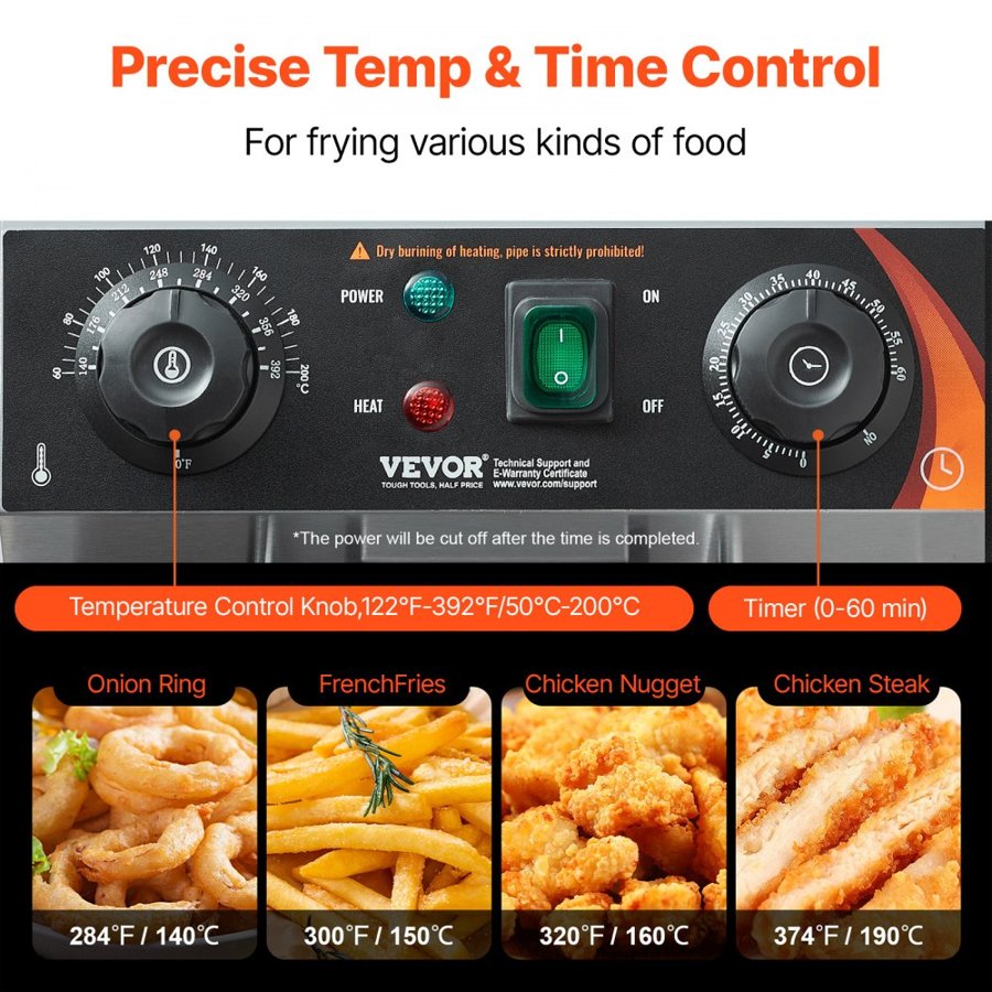 VEVOR Commercial Deep Fryer, Dual Tank 3000W Electric Countertop Fryer with Basket, 2 x 11.6Qt/11L Double Stainless Steel Oil Fryer with Oil Filtration, Time & Temp Control, for Kitchen Restaurant Use
