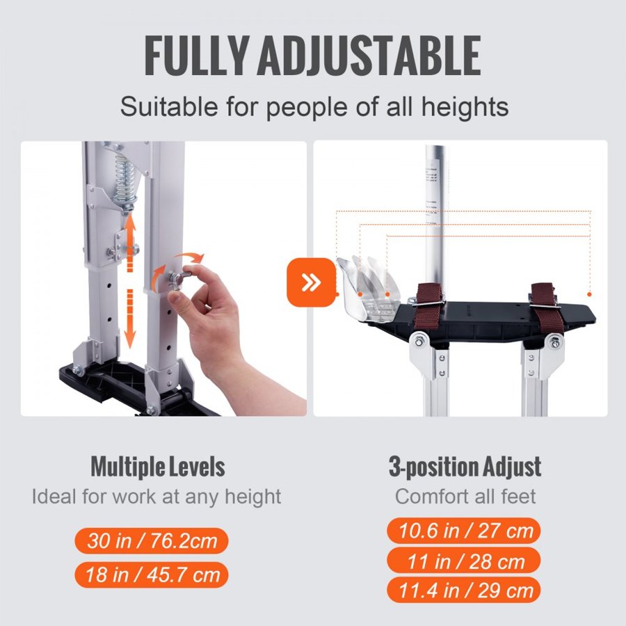 VEVOR Drywall Stilts, 46 cm-76 cm Adjustable Aluminum Tool Stilts with Protective Knee Pads, Durable and Non-slip Work Stilts for Sheetrock Painting, Walking, Taping, Silver