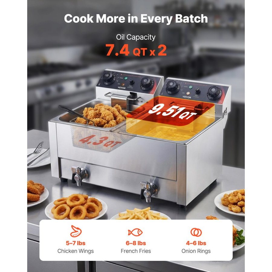 VEVOR Commercial Electric Deep Fryer, Upgrade Dual Tank 14 L Oil Capacity, 5000W Stainless Steel Countertop Fryer with Baskets & Lids, Temp Control, Timer, Overheat Protection, for Restaurant, Silver