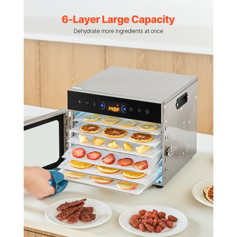 VEVOR Food Dehydrator Machine, 6 Stainless Steel Trays, 400W Electric Food Dryer with Adjustable Temperature & 24-Hour Timer, Freeze Dryer for Jerky, Meat, Fruit, Vegetables, Herbs, Dog Treats