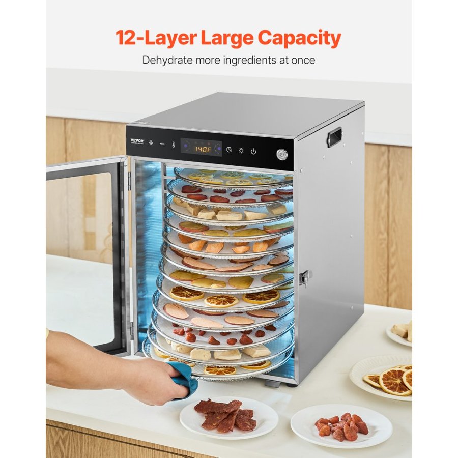 VEVOR Rotary Food Dehydrator Machine, 12 Stainless Steel Trays, 800W Electric Food Dryer with Adjustable Temp & 24-Hour Timer, Food-Dehydrator for Jerky, Meat, Fruit, Vegetables, Herbs, Dog Treats