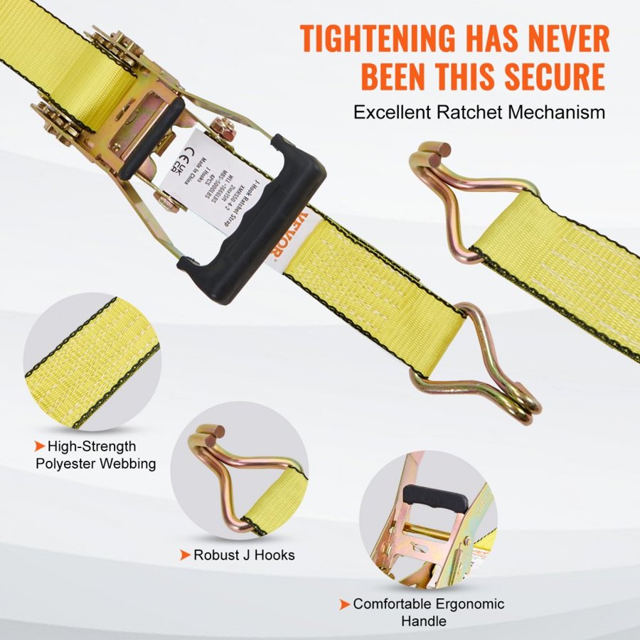 VEVOR Ratchet Tie Down Straps (4PK), 5000 lb Break Strength, Double J Hook Includes 4 Premium 2" x 15' Rachet Tie Downs with Padded Handles, for Moving Securing Cargo, Appliances, Lawn Equipment