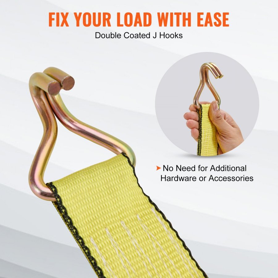 VEVOR Ratchet Tie Down Straps (4PK), 5000 lb Break Strength, Double J Hook Includes 4 Premium 2" x 15' Rachet Tie Downs with Padded Handles, for Moving Securing Cargo, Appliances, Lawn Equipment