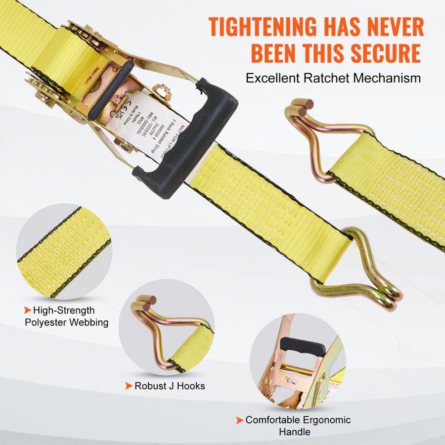 VEVOR Ratchet Tie Down Straps (4PK), 10000 lb Break Strength, Double J Hook Includes 4 Premium 2" x 27' Rachet Tie Downs with Padded Handles, for Moving Securing Cargo, Appliances, Lawn Equipment