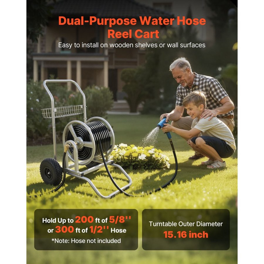 VEVOR 300 ft Hose Reel Cart – 2 Wheels, Heavy-Duty Basket