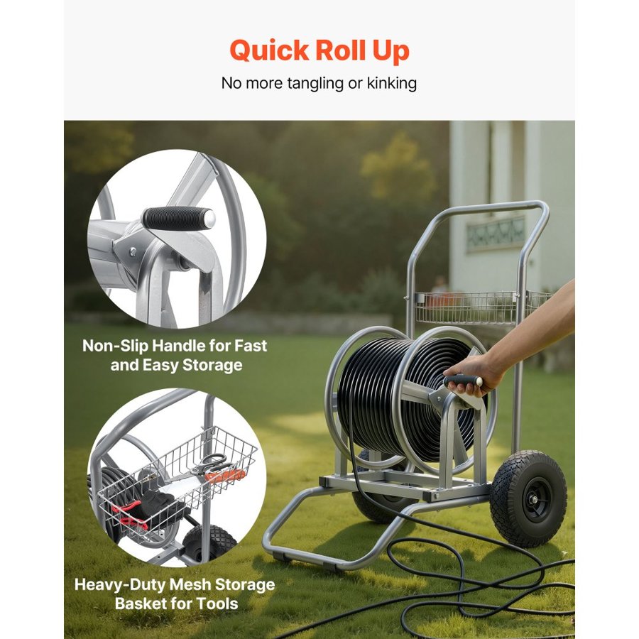 VEVOR 300 ft Hose Reel Cart – 2 Wheels, Heavy-Duty Basket