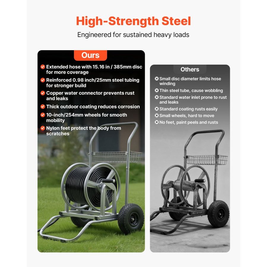 VEVOR 300 ft Hose Reel Cart – 2 Wheels, Heavy-Duty Basket