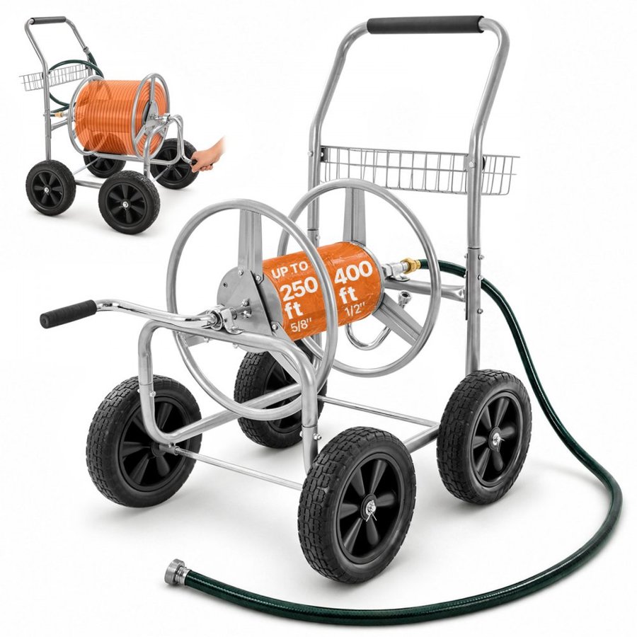VEVOR Hose Reel Cart, Hold Up to 250 ft of 5/8’’ Hose, Garden Water Hose Carts Mobile Tools with 4 Wheels, Heavy Duty Powder-coated Steel Outdoor Planting with Storage Basket, for Garden, Yard, Lawn
