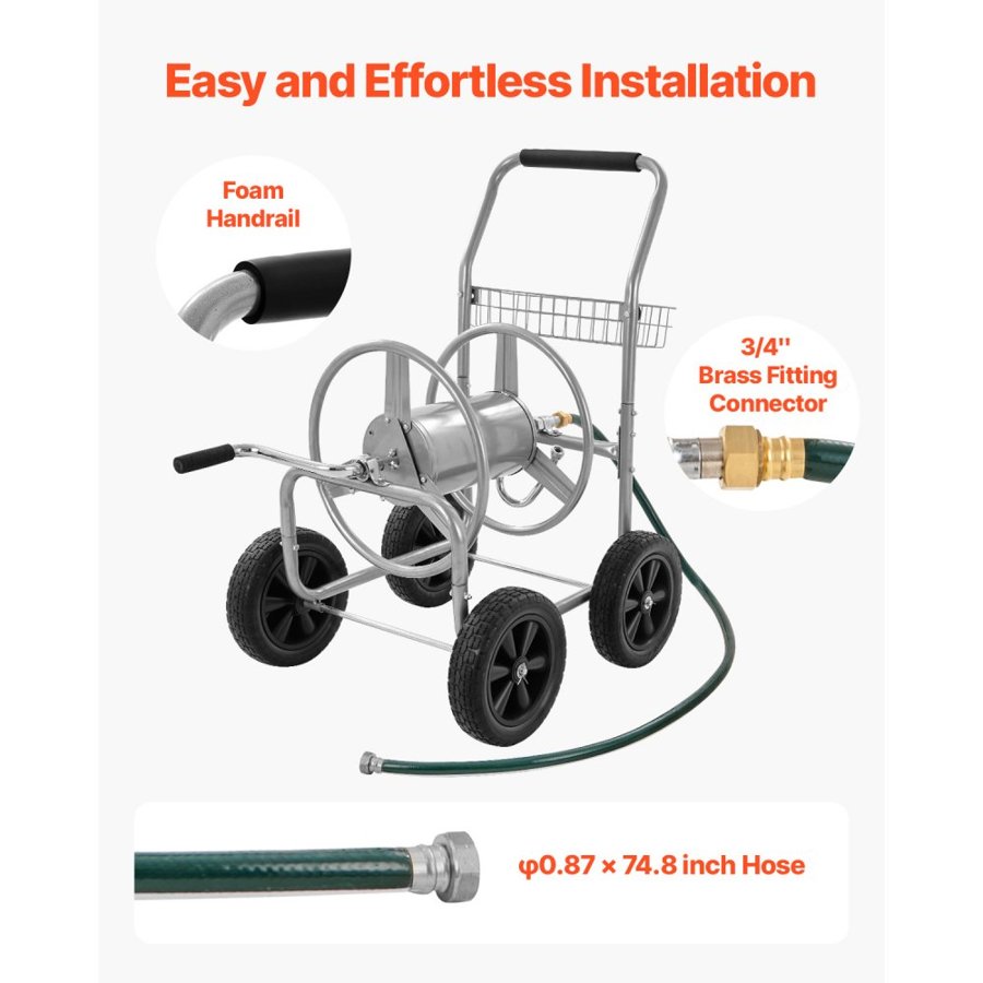 VEVOR Hose Reel Cart, Hold Up to 250 ft of 5/8’’ Hose, Garden Water Hose Carts Mobile Tools with 4 Wheels, Heavy Duty Powder-coated Steel Outdoor Planting with Storage Basket, for Garden, Yard, Lawn