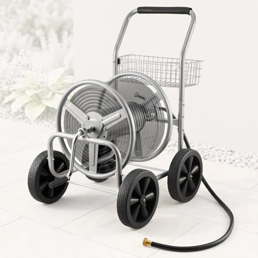 VEVOR Hose Reel Cart, Hold Up to 91.44 m of 1.59 cm Hose, Garden Water Hose Carts Mobile Tools with 4 Wheels, Heavy Duty Powder-coated Steel Outdoor Planting with Storage Basket, for Garden, Yard, Lawn
