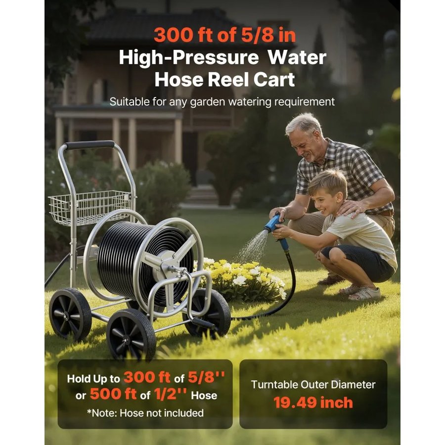 VEVOR Hose Reel Cart, Hold Up to 91.44 m of 1.59 cm Hose, Garden Water Hose Carts Mobile Tools with 4 Wheels, Heavy Duty Powder-coated Steel Outdoor Planting with Storage Basket, for Garden, Yard, Lawn