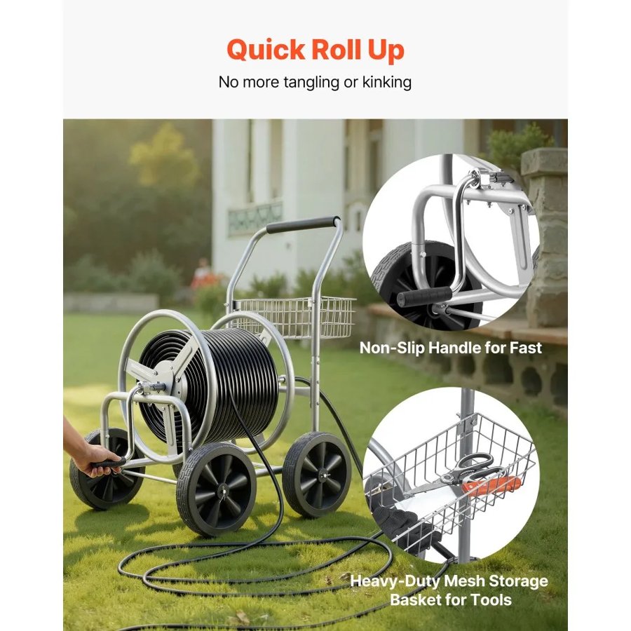 VEVOR Hose Reel Cart, Hold Up to 91.44 m of 1.59 cm Hose, Garden Water Hose Carts Mobile Tools with 4 Wheels, Heavy Duty Powder-coated Steel Outdoor Planting with Storage Basket, for Garden, Yard, Lawn