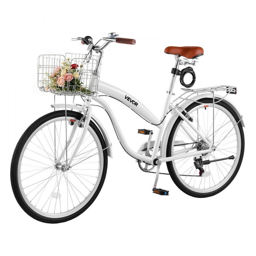 VEVOR Women Bike, 66cm Beach Cruiser Bike, 7-Speed Adult City Bicycle with Carbon Steel Frame, 150kg Capacity, Basket, Rear Rack & Dual V-Brakes, White