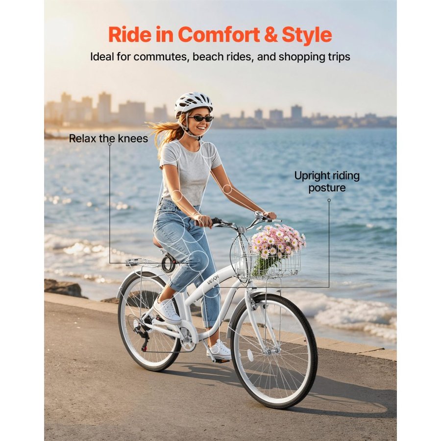 VEVOR Women Bike, 66cm Beach Cruiser Bike, 7-Speed Adult City Bicycle with Carbon Steel Frame, 150kg Capacity, Basket, Rear Rack & Dual V-Brakes, White
