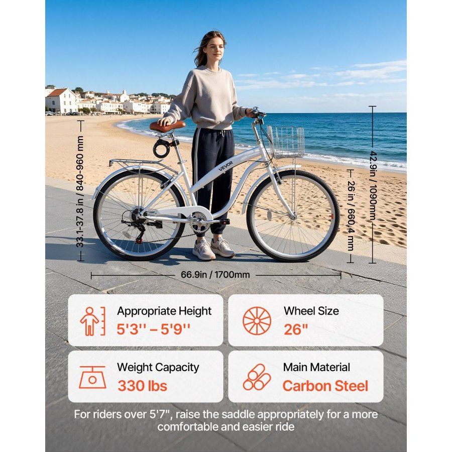 VEVOR Women Bike, 66cm Beach Cruiser Bike, 7-Speed Adult City Bicycle with Carbon Steel Frame, 150kg Capacity, Basket, Rear Rack & Dual V-Brakes, White