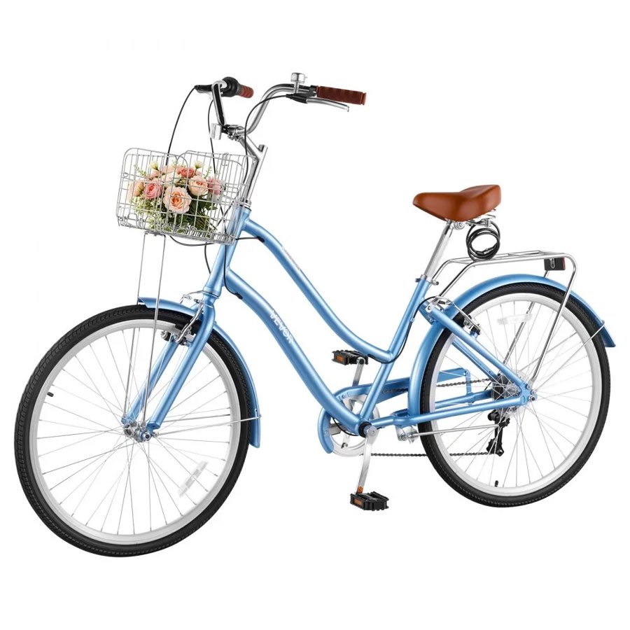 VEVOR Women Bike, 66cm Beach Cruiser Bike, 7-Speed Adult City Bicycle with Aluminum Alloy Frame, 150kg Capacity, Basket, Rear Rack & Dual V-Brakes, Light Blue