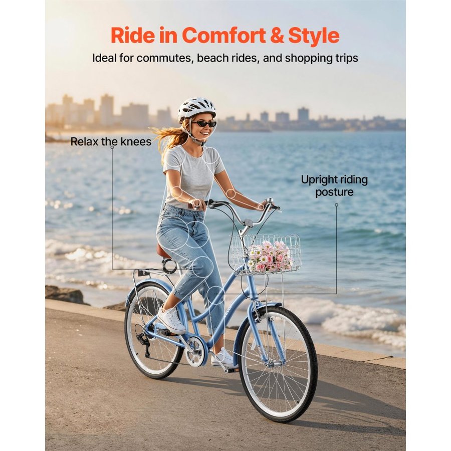 VEVOR Women Bike, 66cm Beach Cruiser Bike, 7-Speed Adult City Bicycle with Aluminum Alloy Frame, 150kg Capacity, Basket, Rear Rack & Dual V-Brakes, Light Blue
