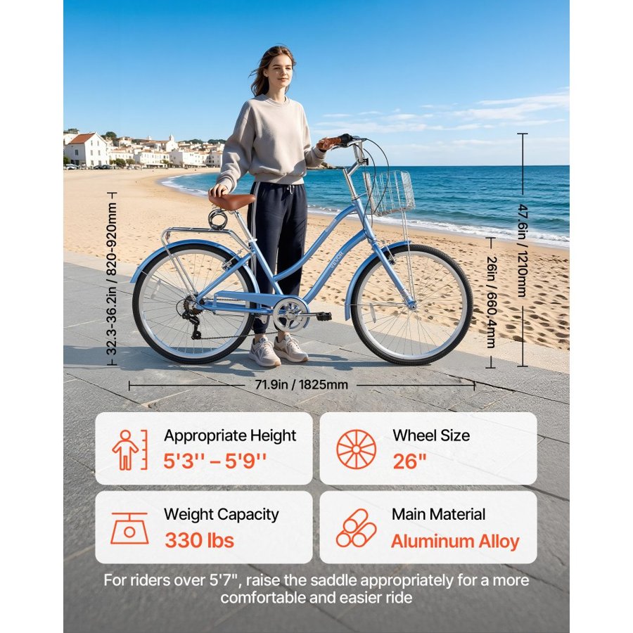 VEVOR Women Bike, 66cm Beach Cruiser Bike, 7-Speed Adult City Bicycle with Aluminum Alloy Frame, 150kg Capacity, Basket, Rear Rack & Dual V-Brakes, Light Blue