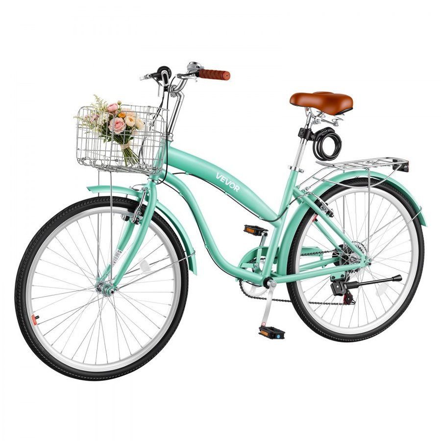VEVOR Women Bike, 66cm Beach Cruiser Bike, 7-Speed Adult City Bicycle with Carbon Steel Frame, 150kg Capacity, Basket, Rear Rack & Dual V-Brakes, Light Green