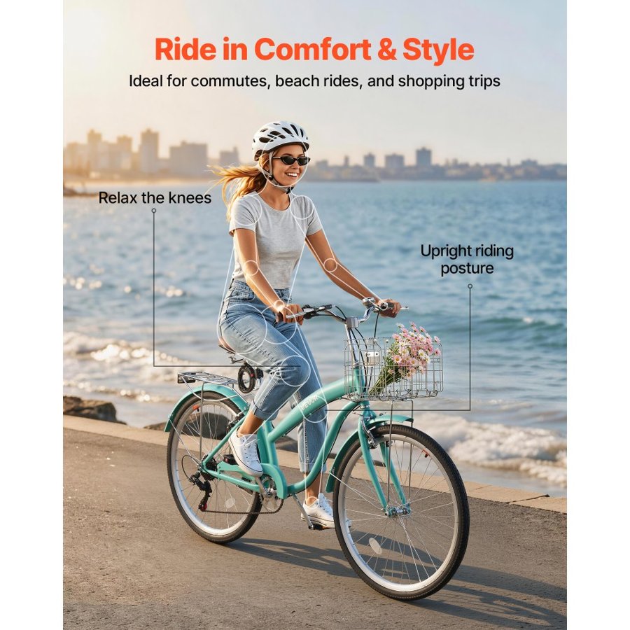 VEVOR Women Bike, 66cm Beach Cruiser Bike, 7-Speed Adult City Bicycle with Carbon Steel Frame, 150kg Capacity, Basket, Rear Rack & Dual V-Brakes, Light Green
