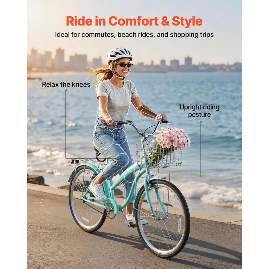 VEVOR Women Bike, 66cm Beach Cruiser Bike, Single-Speed Adult City Bicycle with Steel Frame, 150kg Capacity, Basket, Rear Rack & Dual V-Brakes, Light Green