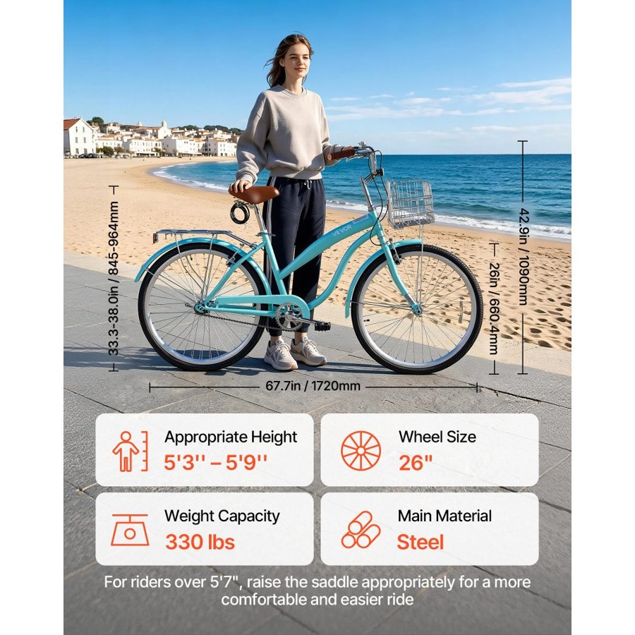 VEVOR Women Bike, 66cm Beach Cruiser Bike, Single-Speed Adult City Bicycle with Steel Frame, 150kg Capacity, Basket, Rear Rack & Dual V-Brakes, Light Green