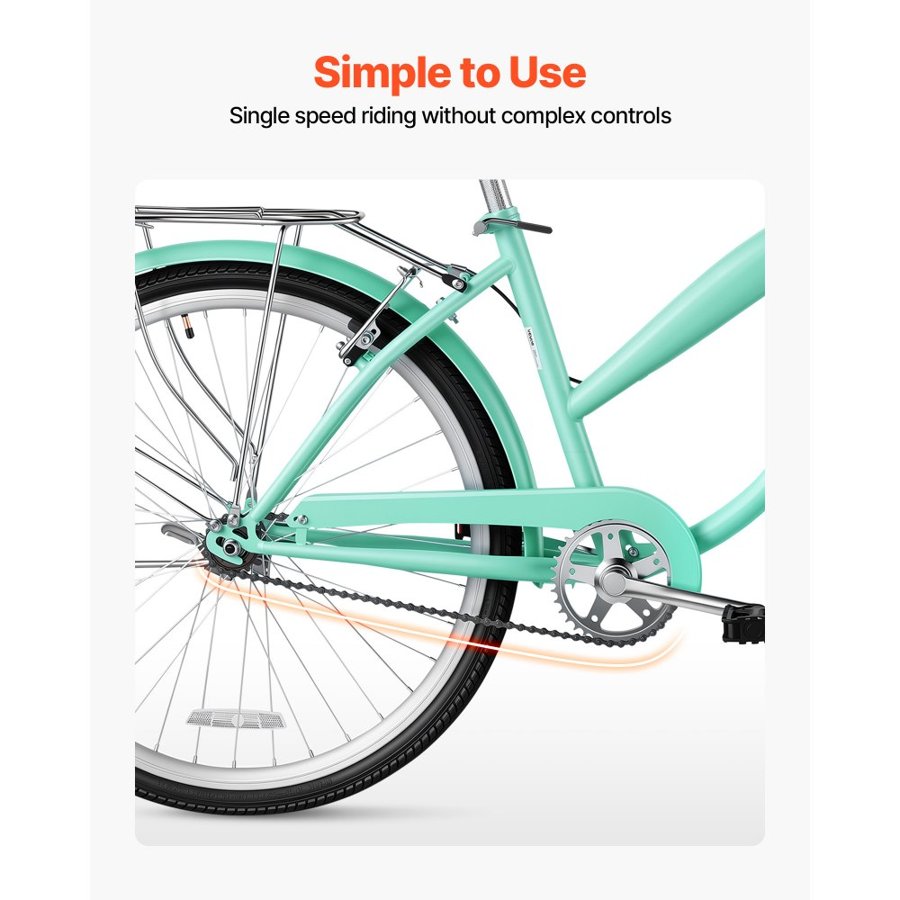 VEVOR Women Bike, 66cm Beach Cruiser Bike, Single-Speed Adult City Bicycle with Steel Frame, 150kg Capacity, Basket, Rear Rack & Dual V-Brakes, Light Green