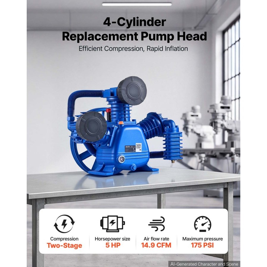 VEVOR Air Compressor Pump Head, 3.73 kW 422 L/min, 3-Cylinder Oil-Lubricated Air Compressor Pump Head, Dual-Stage Cast Iron Replacement Head with Max 12 Bar Pressure for Woodworking Auto Repair