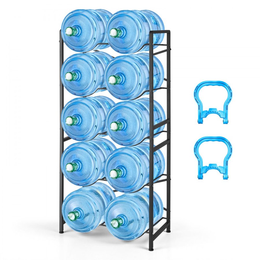 VEVOR Water Jug Holder, 5 Tiers Double Rows 11 L and 19 L Water Bottle Holder for 10 Bottles, Heavy Duty Jug Rack Organizer with Handles, Easy Assembly, for Kitchen, Office, Living Room, Black