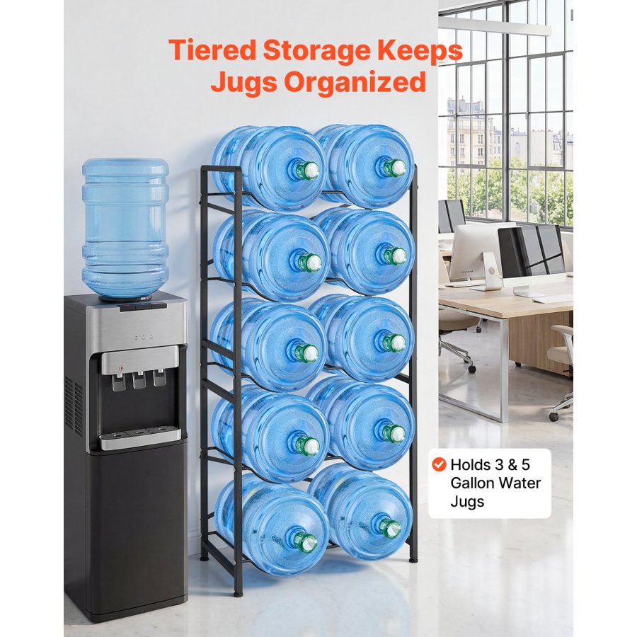 VEVOR Water Jug Holder, 5 Tiers Double Rows 11 L and 19 L Water Bottle Holder for 10 Bottles, Heavy Duty Jug Rack Organizer with Handles, Easy Assembly, for Kitchen, Office, Living Room, Black