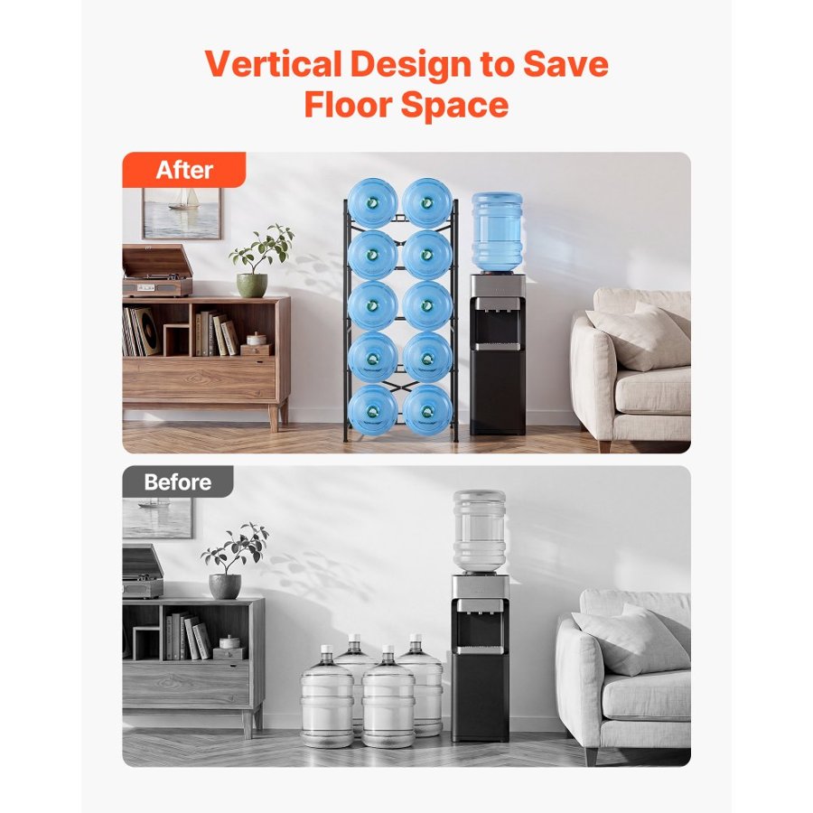 VEVOR Water Jug Holder, 5 Tiers Double Rows 11 L and 19 L Water Bottle Holder for 10 Bottles, Heavy Duty Jug Rack Organizer with Handles, Easy Assembly, for Kitchen, Office, Living Room, Black