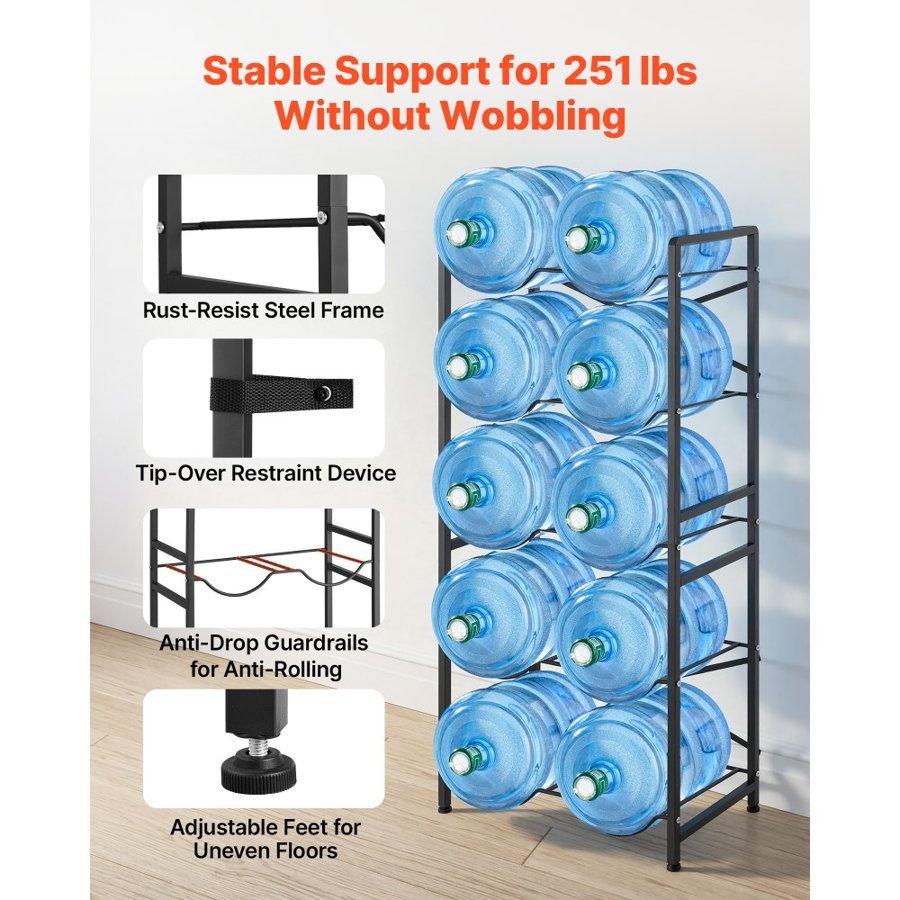 VEVOR Water Jug Holder, 5 Tiers Double Rows 11 L and 19 L Water Bottle Holder for 10 Bottles, Heavy Duty Jug Rack Organizer with Handles, Easy Assembly, for Kitchen, Office, Living Room, Black