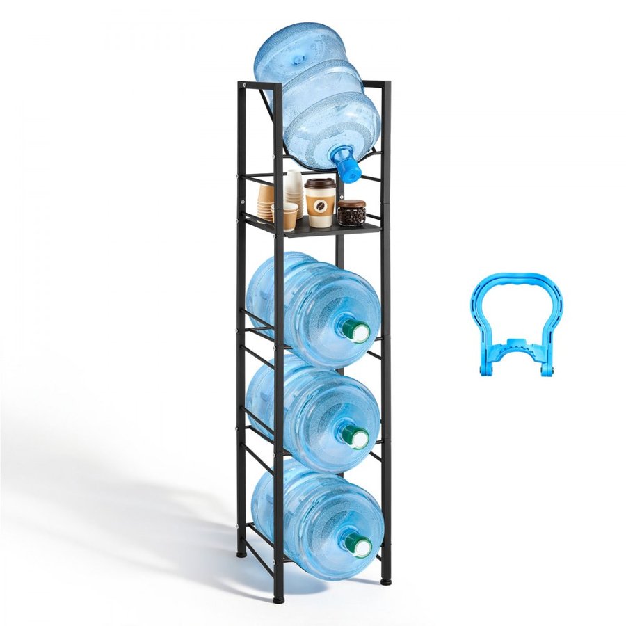 VEVOR Water Jug Holder, 5 Tiers 11 L and 19 L Water Bottle Holder for 4 Bottles, Heavy Duty Jug Rack Organizer with Storage Shelf, Adjustable Feet, and Handle, for Kitchen, Office, Living Room, Black