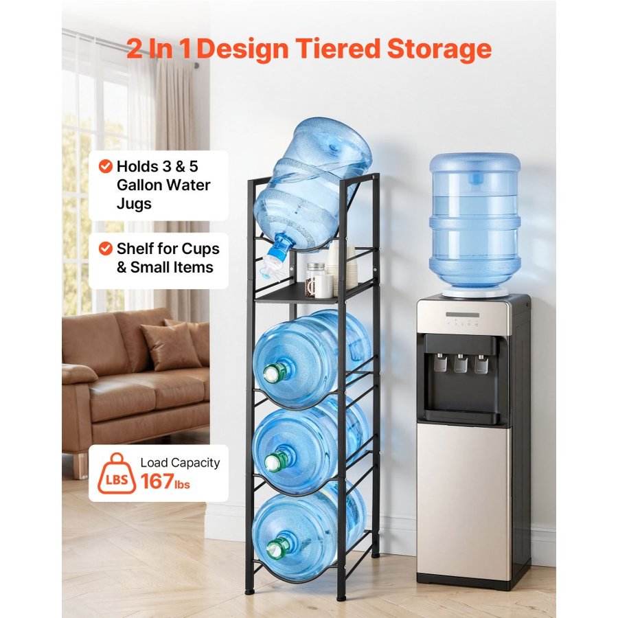 VEVOR Water Jug Holder, 5 Tiers 11 L and 19 L Water Bottle Holder for 4 Bottles, Heavy Duty Jug Rack Organizer with Storage Shelf, Adjustable Feet, and Handle, for Kitchen, Office, Living Room, Black