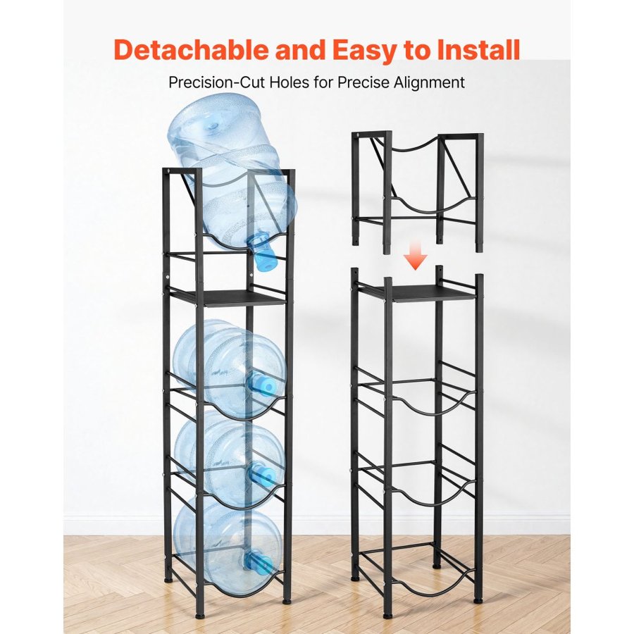VEVOR Water Jug Holder, 5 Tiers 11 L and 19 L Water Bottle Holder for 4 Bottles, Heavy Duty Jug Rack Organizer with Storage Shelf, Adjustable Feet, and Handle, for Kitchen, Office, Living Room, Black