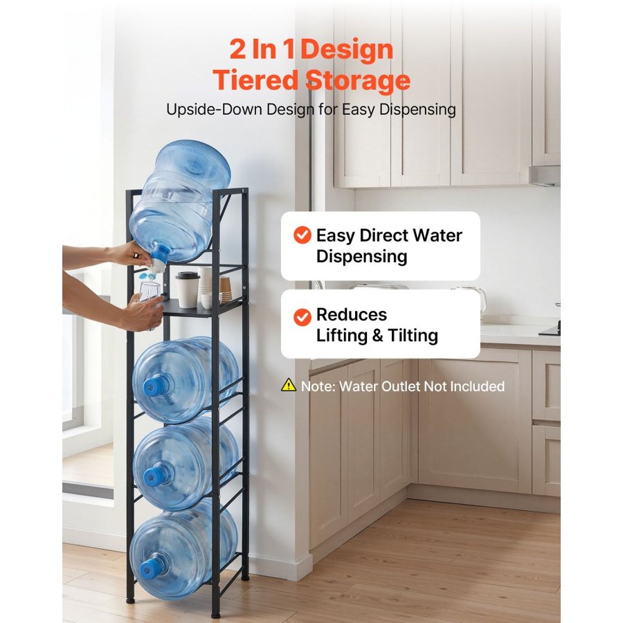 VEVOR Water Jug Holder, 5 Tiers 11 L and 19 L Water Bottle Holder for 4 Bottles, Heavy Duty Jug Rack Organizer with Storage Shelf, Adjustable Feet, and Handle, for Kitchen, Office, Living Room, Black