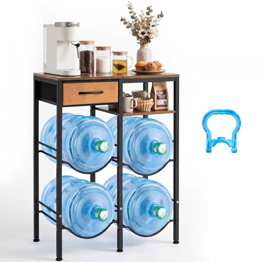 VEVOR Water Jug Holder, 4 Tiers Double Rows 11 L and 19 L Water Bottle Holder for 4 Bottles, Heavy Duty Jug Rack Organizer with Storage Shelf and Drawer, for Kitchen, Living Room, Black and Brown