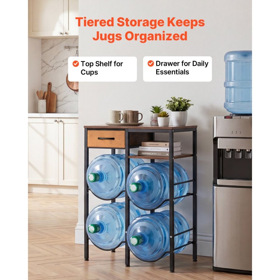 VEVOR Water Jug Holder, 4 Tiers Double Rows 11 L and 19 L Water Bottle Holder for 4 Bottles, Heavy Duty Jug Rack Organizer with Storage Shelf and Drawer, for Kitchen, Living Room, Black and Brown