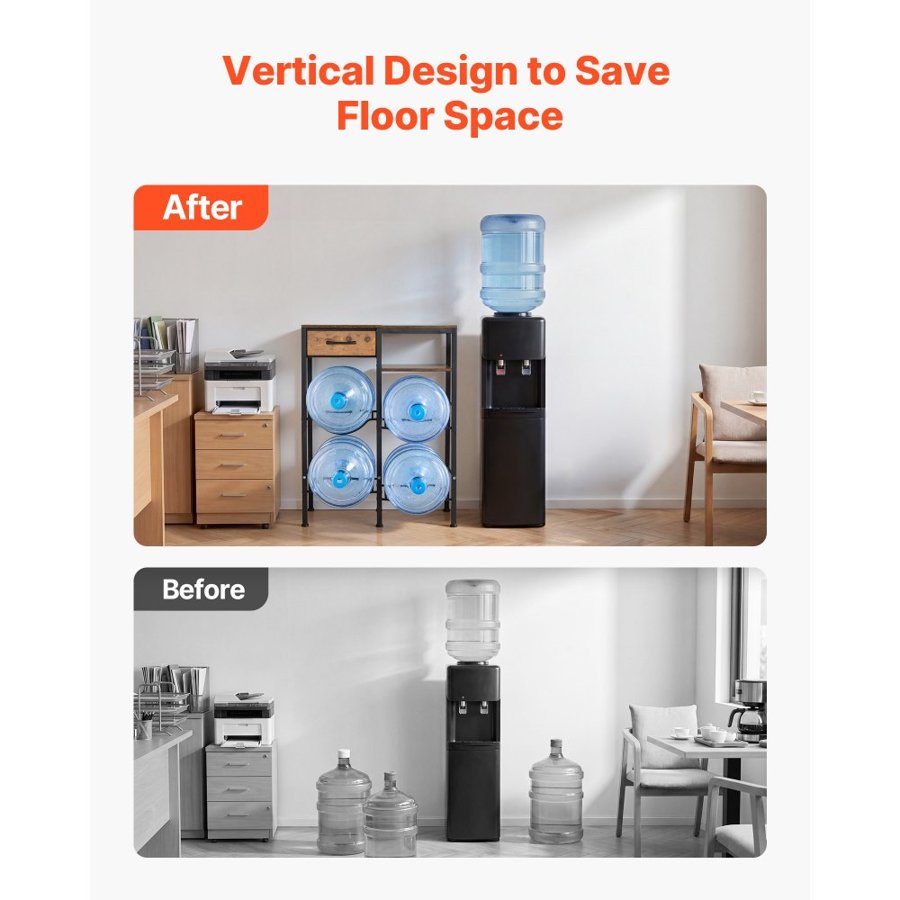 VEVOR Water Jug Holder, 4 Tiers Double Rows 11 L and 19 L Water Bottle Holder for 4 Bottles, Heavy Duty Jug Rack Organizer with Storage Shelf and Drawer, for Kitchen, Living Room, Black and Brown
