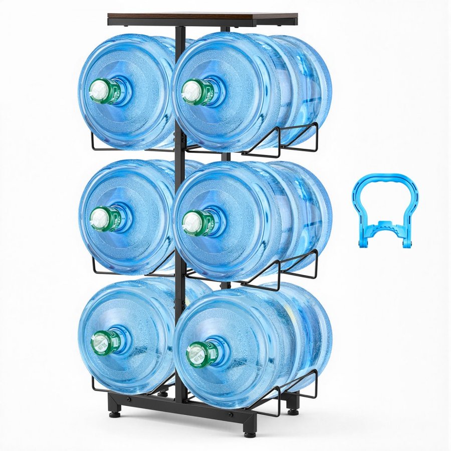 VEVOR Water Jug Holder, 4 Tiers Double Rows 11 L and 19 L Water Bottle Holder for 6 Bottles, Heavy Duty Jug Rack Organizer with Handles, Foldable for Kitchen, Office, Living Room, Black and Brown