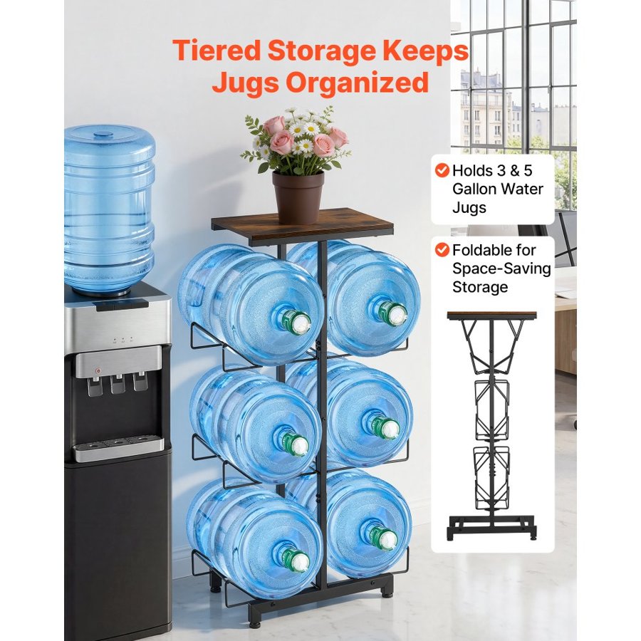 VEVOR Water Jug Holder, 4 Tiers Double Rows 11 L and 19 L Water Bottle Holder for 6 Bottles, Heavy Duty Jug Rack Organizer with Handles, Foldable for Kitchen, Office, Living Room, Black and Brown