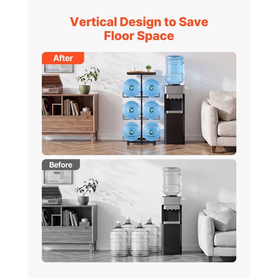 VEVOR Water Jug Holder, 4 Tiers Double Rows 11 L and 19 L Water Bottle Holder for 6 Bottles, Heavy Duty Jug Rack Organizer with Handles, Foldable for Kitchen, Office, Living Room, Black and Brown