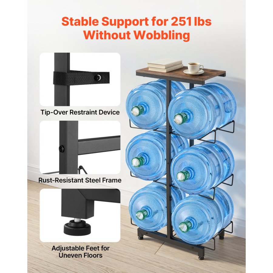 VEVOR Water Jug Holder, 4 Tiers Double Rows 11 L and 19 L Water Bottle Holder for 6 Bottles, Heavy Duty Jug Rack Organizer with Handles, Foldable for Kitchen, Office, Living Room, Black and Brown