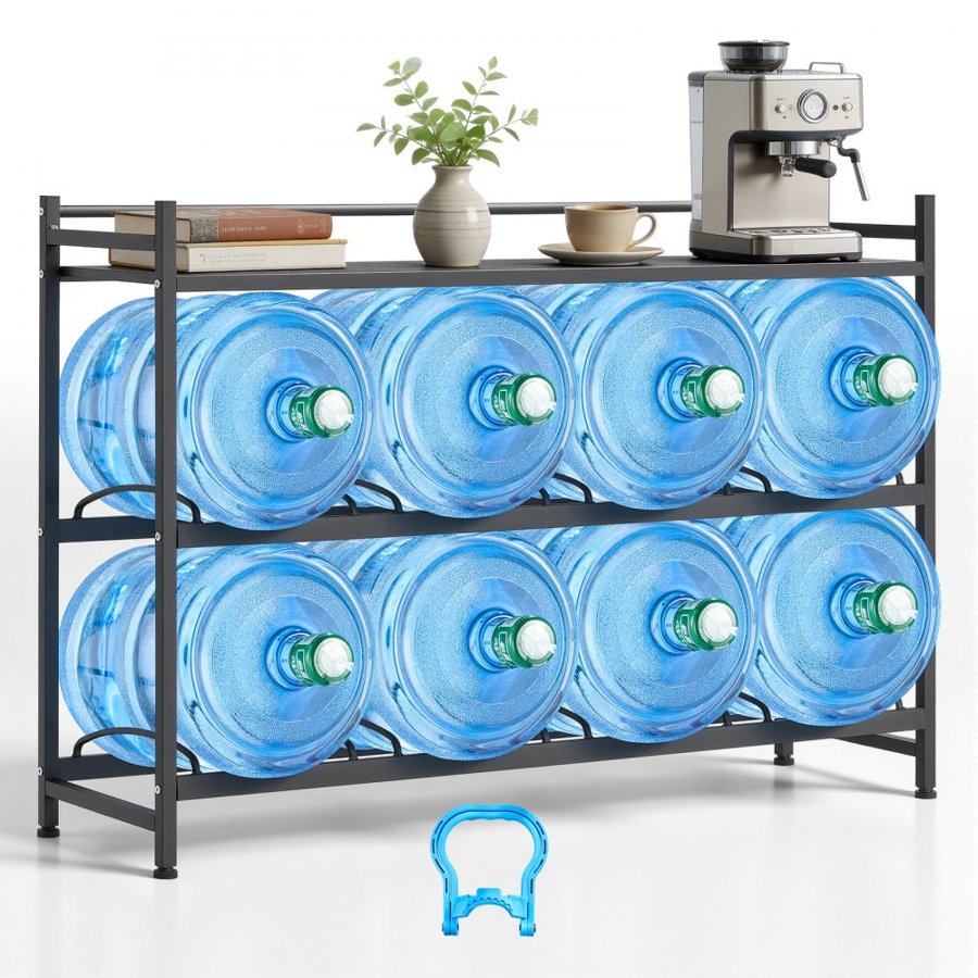 VEVOR Water Jug Holder, 3 Tiers 4 Rows 11 L and 19 L Water Bottle Holder for 8 Bottles, Heavy Duty Jug Rack Organizer with Storage Shelf, Angled Design, for Kitchen, Office, Living Room, Black