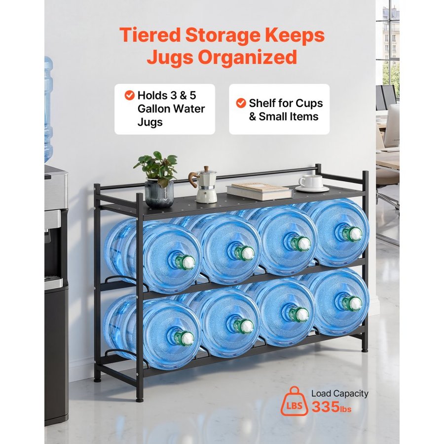 VEVOR Water Jug Holder, 3 Tiers 4 Rows 11 L and 19 L Water Bottle Holder for 8 Bottles, Heavy Duty Jug Rack Organizer with Storage Shelf, Angled Design, for Kitchen, Office, Living Room, Black